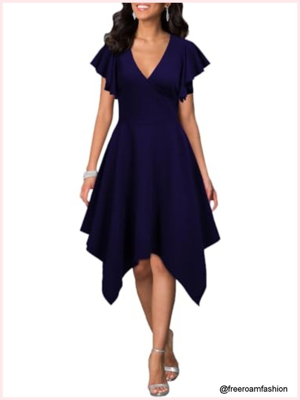 Deep V Neck Asymmetrical Hem A-Line Cocktail Dress Sleeveless - Picture 1 of 1